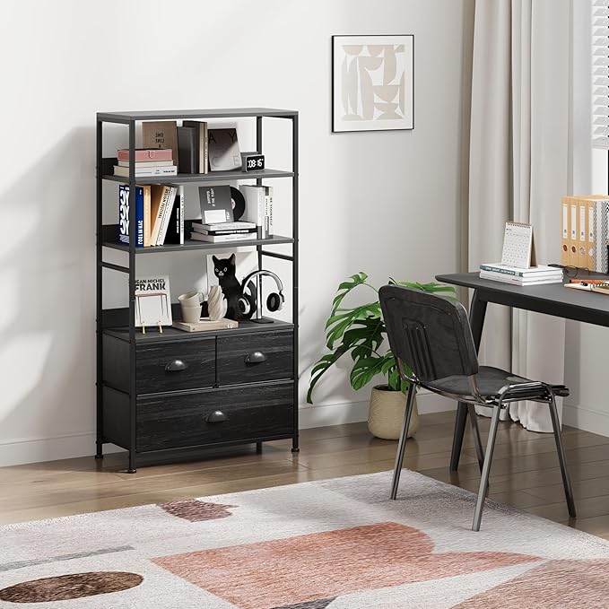 6 Tier Bookshelf, 47-Inch Small Bookcase with 3 Fabric Storage Drawers, Wood and Metal Book Shelf Storage Organizer, Industrial Display Standing Shelf Unit for Bedroom, Living Room, Black