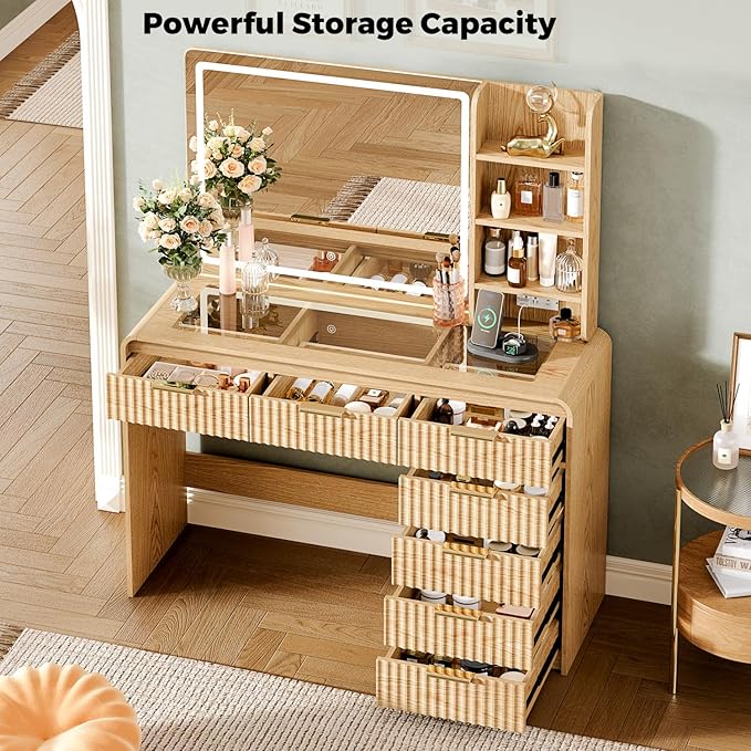 47“Makeup Vanity Desk with Mirror and Lights, Vanity Desk with 7 Drawers & Storage Shelves, Vanity Table with Power Outlet, 3 Color Modes & Adjustable Brightness Dressing Table, Bedroom,Wood