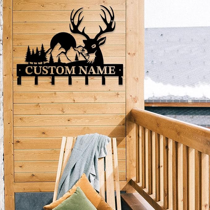 Personalized Custom Name Forest Deer Wall Keys Hooks,Metal Forest Deer Art Clothes Hooks,Metal Forest Deer Wall Home Storage Decorative,For Front Door, Hallway, Kitchen, Bedroom,Keys,Hats (Style B)