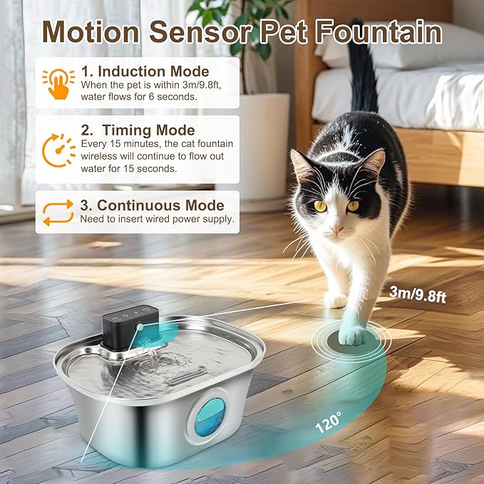 Wireless Cat Water Fountain Stainless Steel, 3.2L Large Dogs Drinking Dispenser Fountain with Spout, Automatic Feeder Indoor, Cordless Water Bowl for Cats Dogs Pets Auto Animals Waterfountain - 108oz