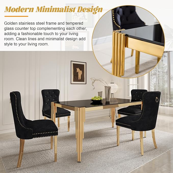5 Piece Glass Dining Table Set, Morden Kitchen Table Set for 4 with 51" Black Glass Dining Table and 4 Black Velvet Upholstered Chairs for Kitchen, Gold Legs