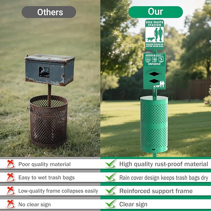 Aluminum Rustproof Dog Waste Disposal Station for Pet Parks – 10 Gallon Outdoor Pet Poop Station with Reflective Sign & Lid – Durable Trash Bin for Backyard Dog Waste