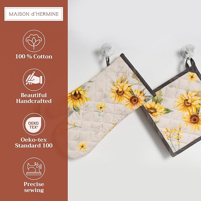 Maison d' Hermine 100% Cotton Oven Mitt & Pot Holder Set (7.5"x13" & 8"x8") Heat Resistant BBQ Cooking Gloves with Loop, Baking, Grilling, Kitchen, Handling Hot Pans Spring/Summer (Candice)