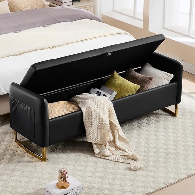 65" Leather Storage Bench, End of Bed Storage Bench King Size for Foot of Bed with Tufted Button and Gold Legs, Upholstered Faux Window Ottoman Benches with Armrests for Living Room, Black