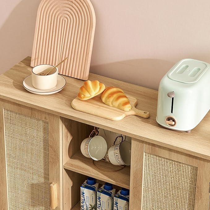 Iwell Rattan Storage Cabinet with 4 Adjustable Shelves, Coffee Bar Cabinet, Sideboard Buffet for Kitchen, Living Room, Entryway, Natural