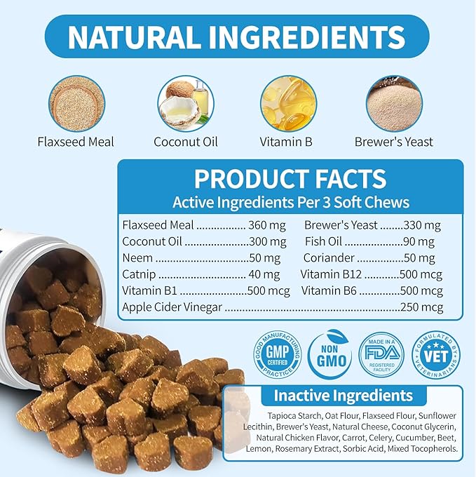 Cat Flea and Tick Chewable 230ct, Oral Flea and Tick Chews Supplement, Skin & Coat Support for Cats, Kittens, All Breeds & Sizes