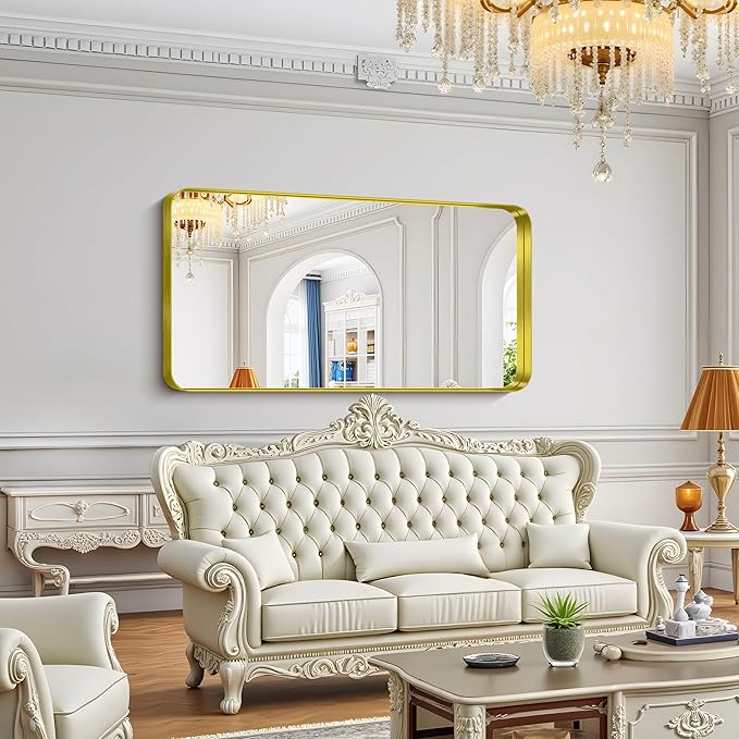 FORBATH 60x30 Inch Large Bathroom Mirror for Double Sinks, Brushed Gold Deep Frame Wall Mirror with Rounded Corners, Anti-Rust Tempered Glass for Modern Farmhouse Vanity (Horizontal/Vertical)