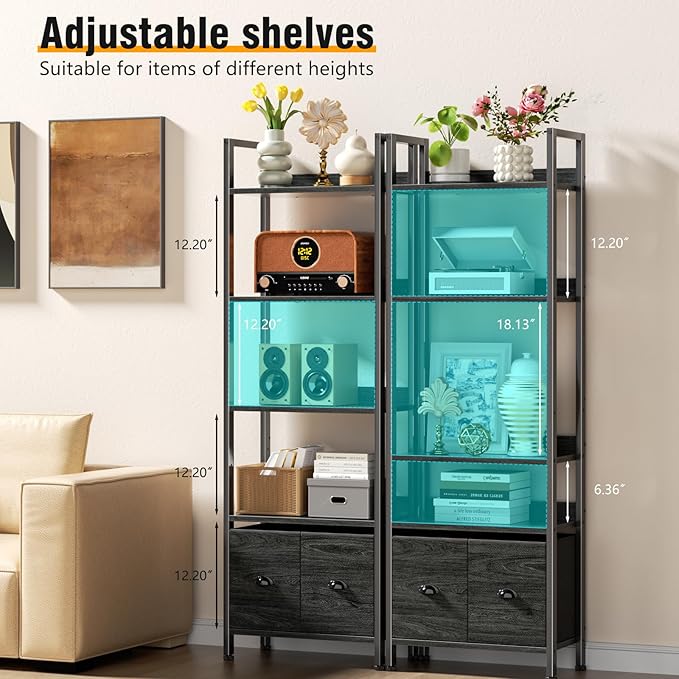 Furologee 5-Tier Bookshelf, Tall Bookcase with 2 Storage Drawers, Industrial Display Standing Shelf Units, Wood and Metal Storage Shelf for Living Room, Bedroom, Home Office, Black Oak