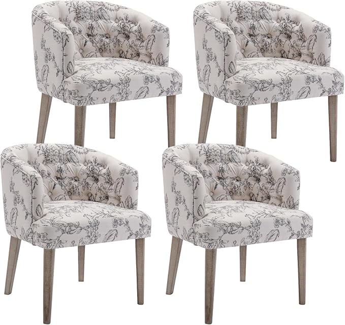 HEAH-YO Modern Dining Chairs Set of 4, Upholstered Linen Fabric Dining Room Chairs with Barrel Backrests, Comfy Kitchen Chair for Dining Room, Beige