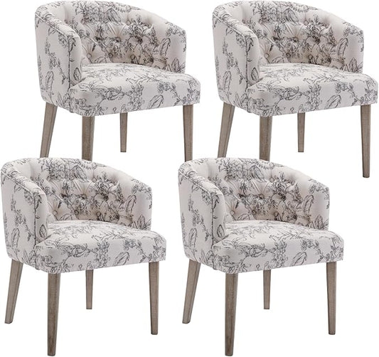 HEAH-YO Modern Dining Chairs Set of 4, Upholstered Linen Fabric Dining Room Chairs with Barrel Backrests, Comfy Kitchen Chair for Dining Room, Beige