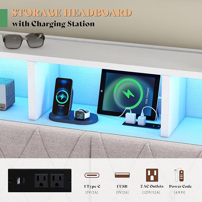 AMERLIFE Queen Bed Frame with Bookcase Headboard & 4 Storage Drawers, Wooden Platform Bed with Charging Station and LED Light, No Box Spring Needed/Noise-Free, White