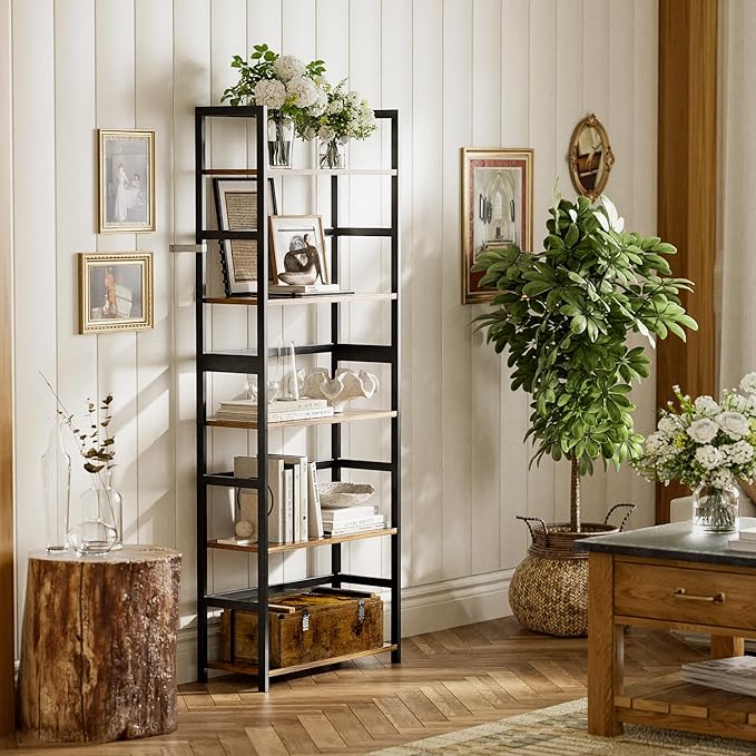 5-Tier Bookshelf, Industrial Bookcase with Bamboo Frame, Modern Display Standing Shelf Unit, Tall Wood Storage Organizer for Living Room, Home Office, Rustic Brown