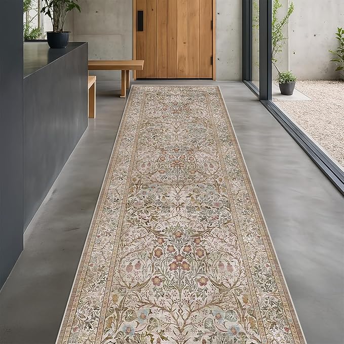 Moss 3x12 Extra Long Wide Runner Rug for Hallway, Non Slip Washable, 12 ft Large Kitchen Floor Rugs for Indoor Entrance, Low Pile Stain Resistant Vintage Floral Leaf Carpet