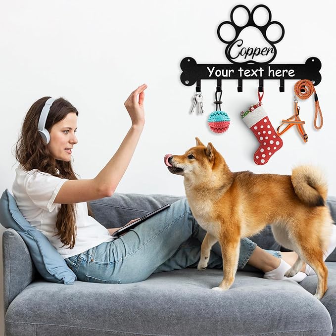 Personalized Dog Leash and Key Holder for Wall - Custom Name Metal Wall Mount With Hooks, Storage Organizer, Key Rack Decor - Gifts for Dog Lovers, Entryway, Farmhouse