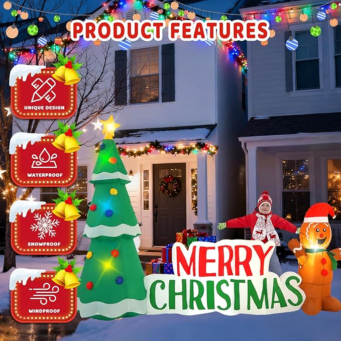 10FT Christmas Inflatable Outdoor Decorations, Christmas Tree Road Sign Pancake Man Inflatable Yard Decorations with LED Lights for Indoor and Outdoor Yard Garden Christmas Decorations