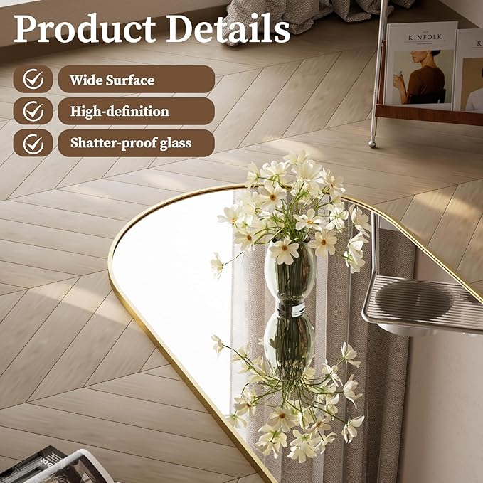 71 x 26 inch Arched Full Length Mirror - Full Body Floor Mirror, ShatterVue Tempered Glass, Standing, Leaning, Wall Mounted for Living Room, Bedroom, Gold