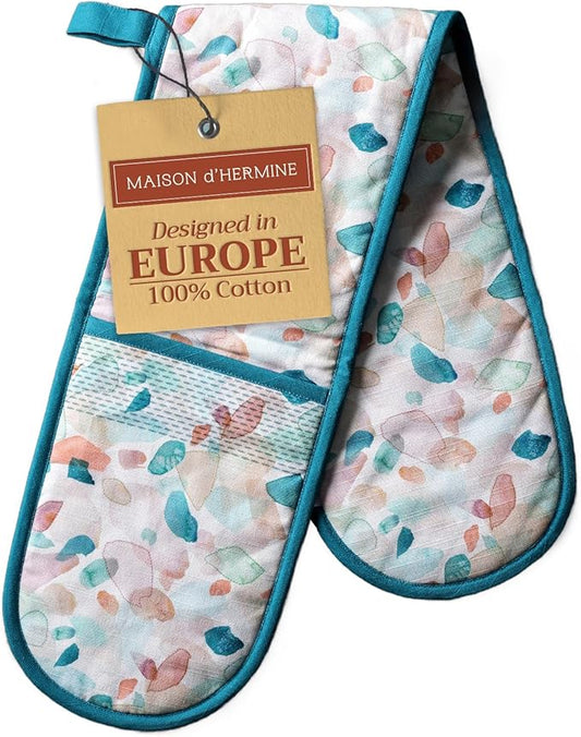 Maison d' Hermine Double Oven Mitts 100% Cotton 7"x35" Double Oven Mitt Heat Resistant BBQ Cooking Gloves with Loop, Baking, Grilling, Home, Kitchen, Handling Hot Pans Spring Summer (Summer Picnic)