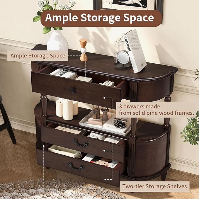 HMFULE Solid Wood Retro Curved Console Table, 43" Half Moon Console Table Sofa Table Entryway Table with 3 Drawers Open Shelf Pine Roman Legs Curved Corners for Living Room,Entryway,Hallway,Espresso