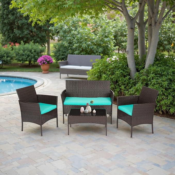 FDW | 4-Piece Patio Furniture Set | Brown & Blue | Outdoor Wicker Furniture with Coffee Table | Modern Rattan Chairs Conversation Set | Outdoor Seating | Weather-Resistant | for Porch, Garden, Lawn