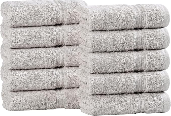 Superior Heritage Egyptian Cotton Face Towel Set, Small Towels for Kitchen, Home Bathroom, Guest Bath, Luxury Essentials, Plush, Absorbent Basics, Washcloths, Spa, Hotel, Resort, Set of 10, Silver