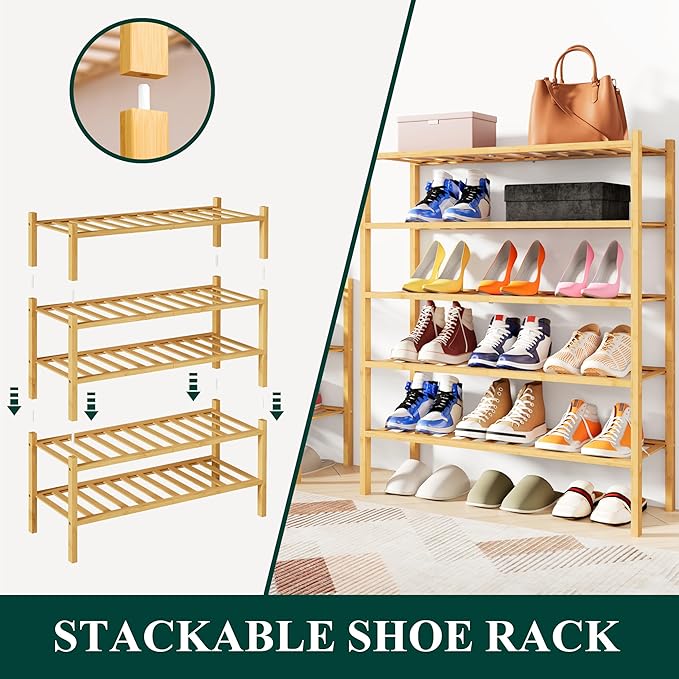 Smiry Shoe Rack, 6 Tier Bamboo Shoe Organizer, Stackable Free Standing Wooden Shoe Storage Shelf for Closet, Entryway, Front Door Entrance, Natural