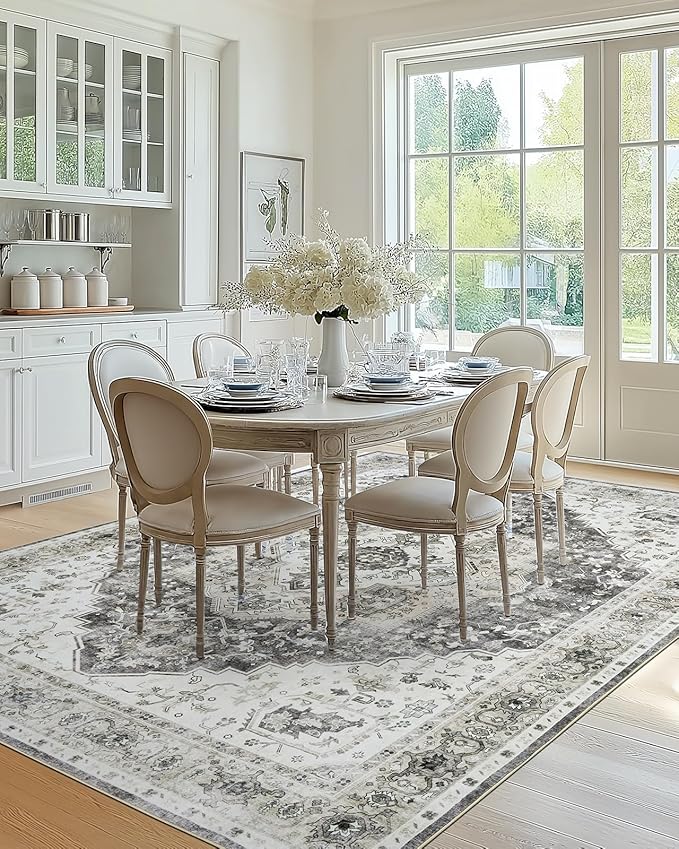 AMADA HOMEFURNISHING 9x12 Area Rug, Washable Low-Profile Large Area Rug with Non-Slip Backing & Durable Edge Binding, Vintage Large Rugs for Living Room, Bedroom