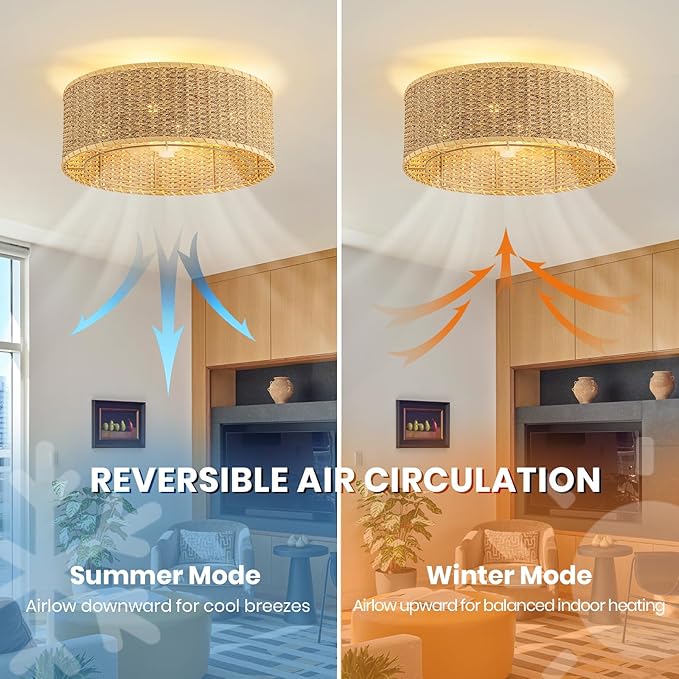 Boho Ceiling Fan with Light,Caged Ceiling Fan with Remote Control Reverible Blades,Low Profile 6 Speeds,Farmhouse Rattan Fandelier Chandelier Ceiling Fans for bedroom,dining room,kitchen ,living room