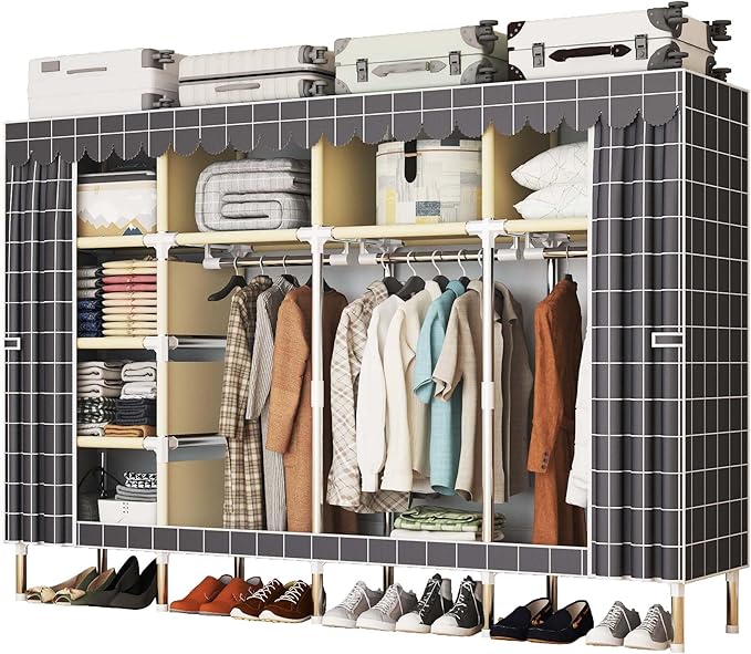 Portable Wardrobe Closet Durable and Easy to Assemble Heavy Duty Clothes Rack with Non-Woven Cover Fabric Best for Bedroom and Easy Storage and Organization (Grey-F)