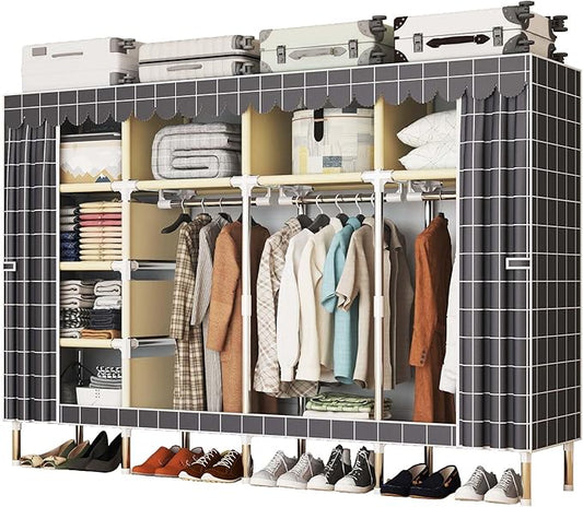 Portable Wardrobe Closet Durable and Easy to Assemble Heavy Duty Clothes Rack with Non-Woven Cover Fabric Best for Bedroom and Easy Storage and Organization (Grey-F)