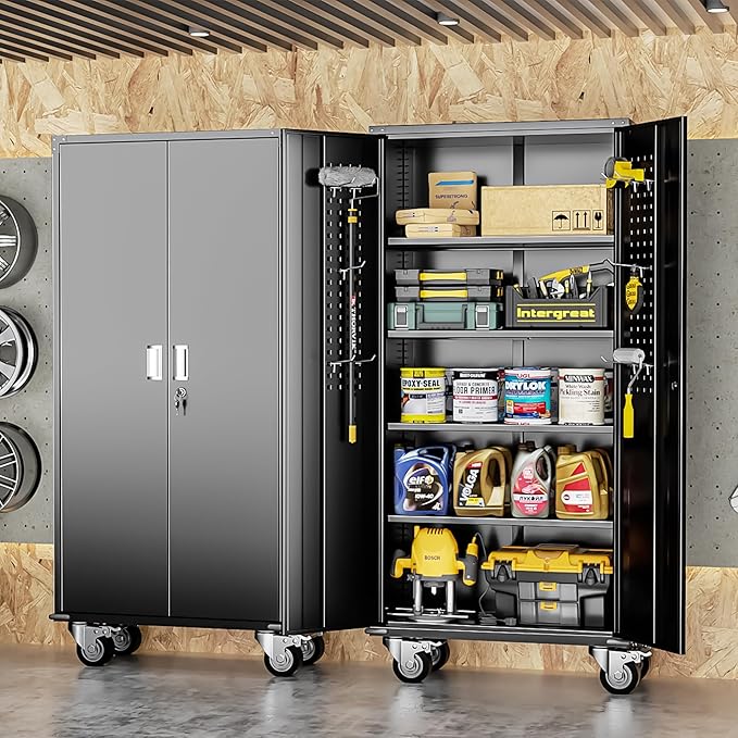 INTERGREAT Metal Storage Cabinet with Wheels, 72" Lockable Mobile Cabinets with Adjustable Shelves, Large Capacity Rolling Tall Cabinet with Casters for Home Office, Kitchen, Garage, School(Black)
