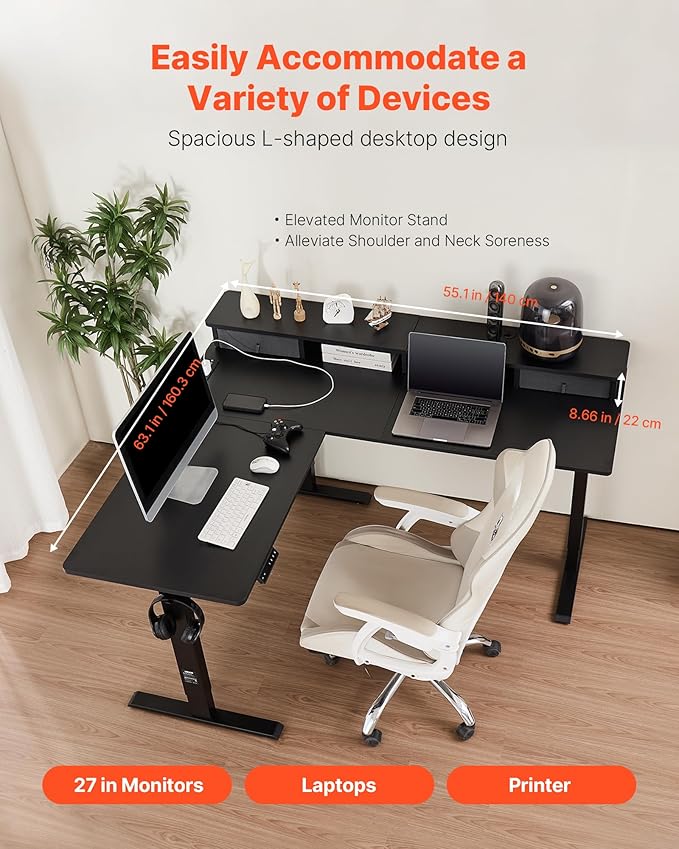 VEVOR L Shaped Electric Standing Desk with 2 Drawers, 63 x 55 inch Adjustable Height Corner Desk with Storage, Sit Stand up Computer Table with Light Strips for Office Home, Easy to Assemble, Black