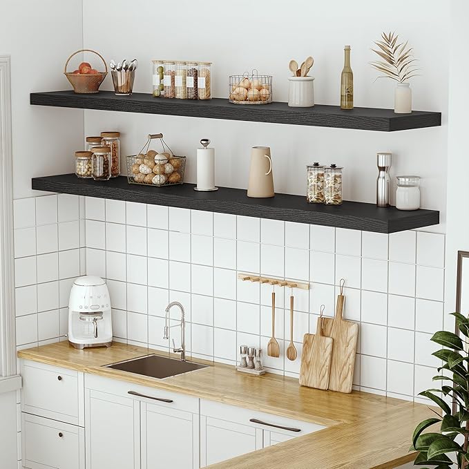 Vivelove 72 Inches Floating Shelves Wall Mounted, 12" Deep Wall Shelves for Bedroom, Bathroom, Living Room, Kitchen, Office, Home Decor, Modern Shelf, Set of 1, Black, 72x12x2