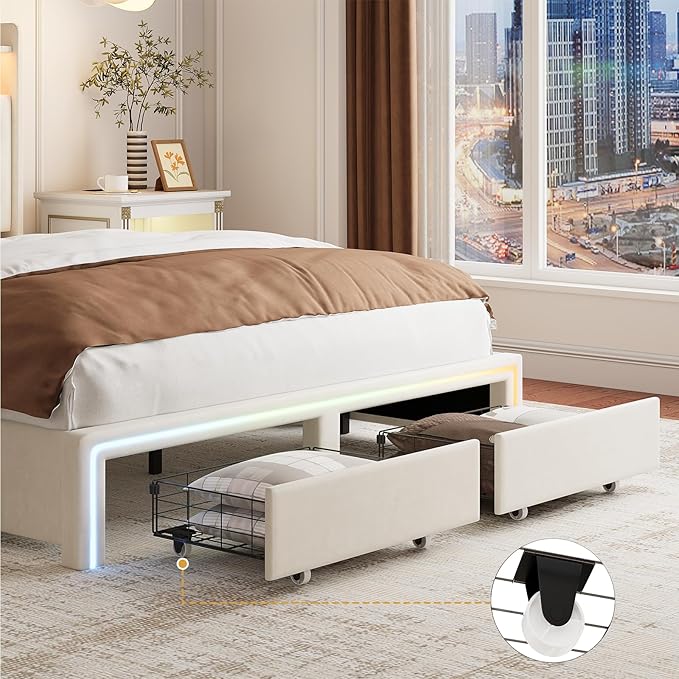 King LED Bed Frame with Storage Headboard & Charging Station, Velvet Fabric Platform Bed Frames with 4 Drawers, Button Tufted Upholstered, No Box Spring Needed, Beige