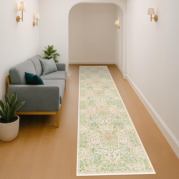 Washable Beige Green 2x10 Runner Rug for Hallway Kitchen Entryway Laundry Room, Non-Slip Stain Resistant Long Floor Mat, Vintage Floral Aethestic Design (Beige Green 2x10)