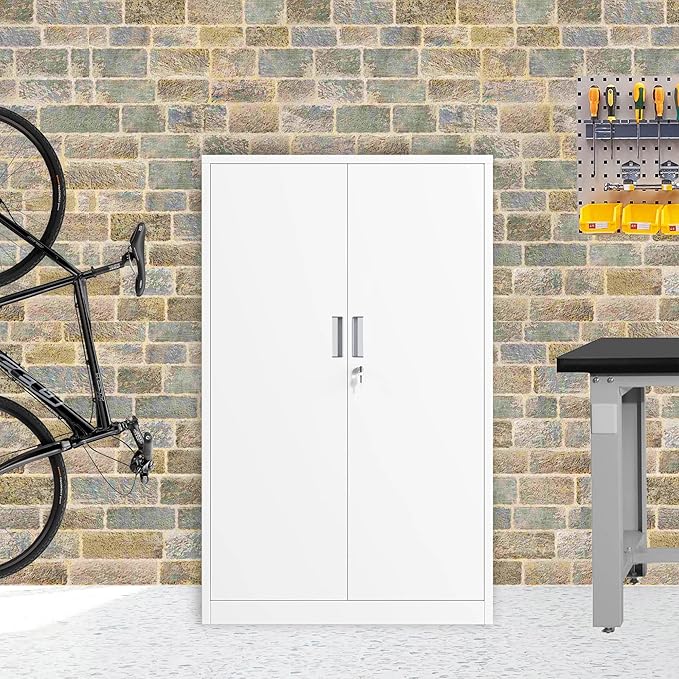 Metal Storage Cabinet with Locking Doors and 3 Adjustable Shelves, 53.5-Inch Lockable Storage Cabinets for Home Office Garage Kitchen Pantry (White)