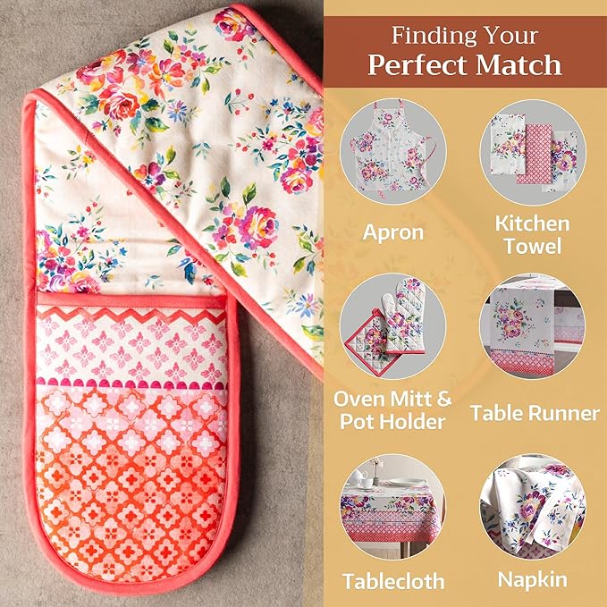 Maison d' Hermine Double Oven Mitts 100% Cotton 7"x35" Double Oven Mitt Heat Resistant BBQ Cooking Gloves with Loop, Baking, Grilling, Home, Kitchen, Handling Hot Pans Spring Summer (Rose Garden)