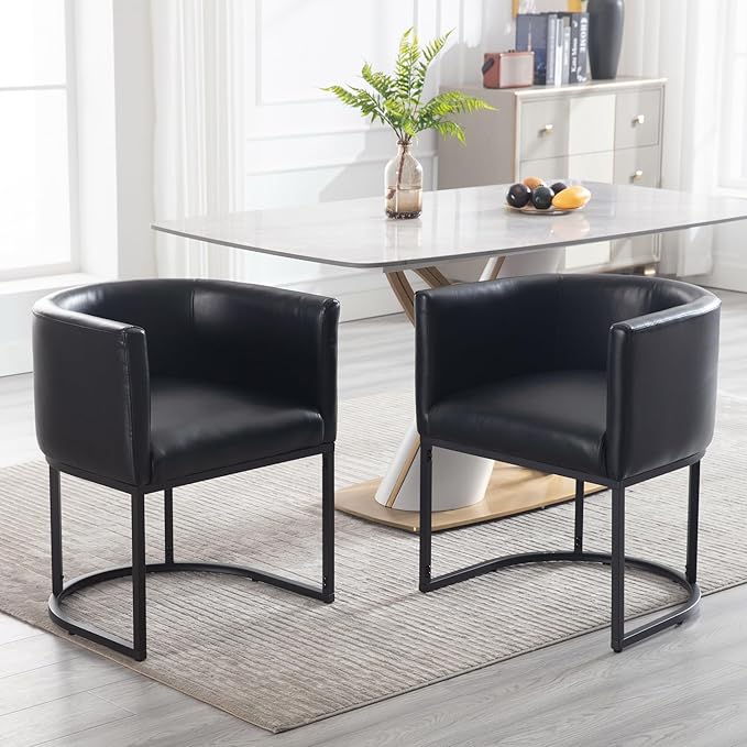 Faux Leather Dining Chairs Set of 2 Modern Barrel Arm Chairs with Black Metal Frame, Upholstered Kitchen Chairs 18.5" Wide Accent Chair for Living Room Dining Room Restaurant, Black