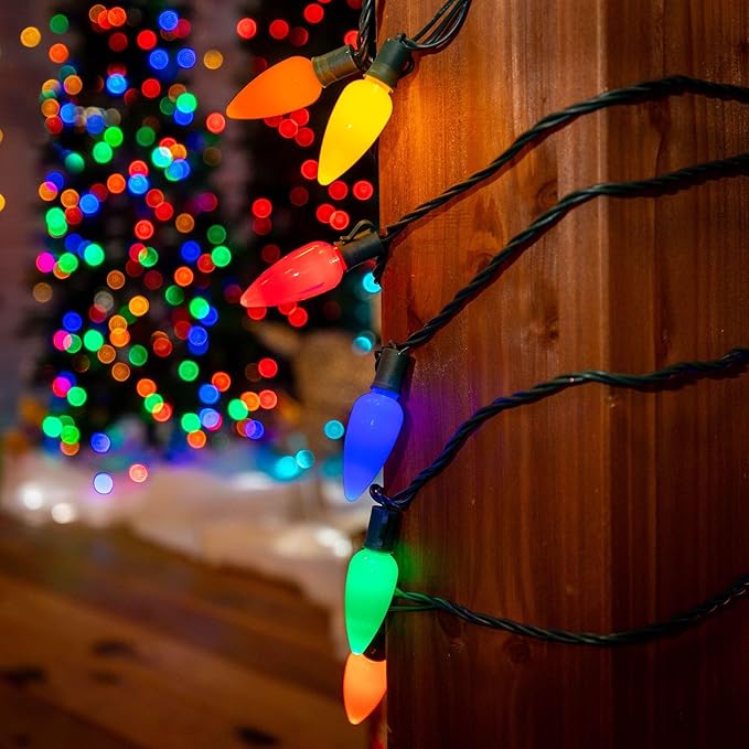 Novelty Lights 25 Feet 25 Light C9 Ceramic Style LED String Lights, Multicolor, Pre-Lamped Christmas Lights on Green Wire, UL Listed Indoor/Outdoor, Connectable End-to-End