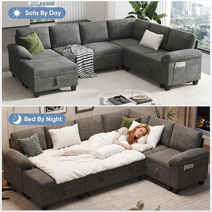 100" Modular Sectional Sleeper Sofa with Pull Out Bed,U Shaped 7 Seat Sectional Sofa with Storage,Modular Couch for Living Room,Deep Seat Couch with Removable Sofa Cover,Gray