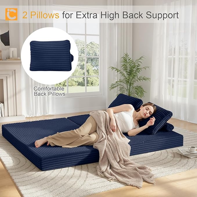 COMAX Convertible Sofa Bed, Folding Floor Couch Corduroy Fold Out Couch Bed Futon Sleeper Mattress with Pillows, Boneless Sofa Comfy Lounge Loveseat for Living Room Bedroom, Plush Navy