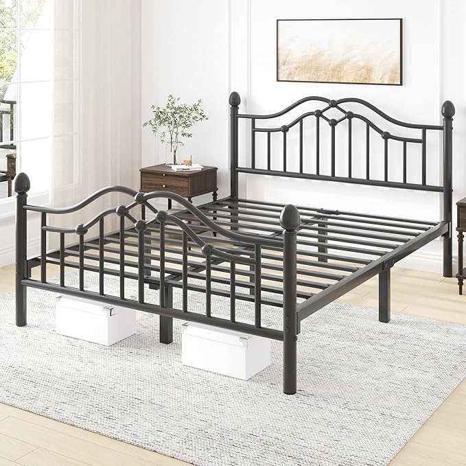 Full Metal Platform Bed Frame, Bed Frame with Victorian Headboard and Footboard, Strong Metal Slats Support, Mattress Foundation No Box Spring Needed, Easy Assembly, Noise Free, Black