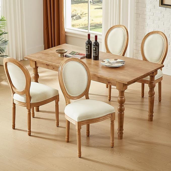 Nrizc French Country Dining Chairs Set of 4, Farmhouse Fabric Chairs with Round Back, Solid Wood Legs, Oval Side Chairs for Kitchen/Bedroom/Dining Room