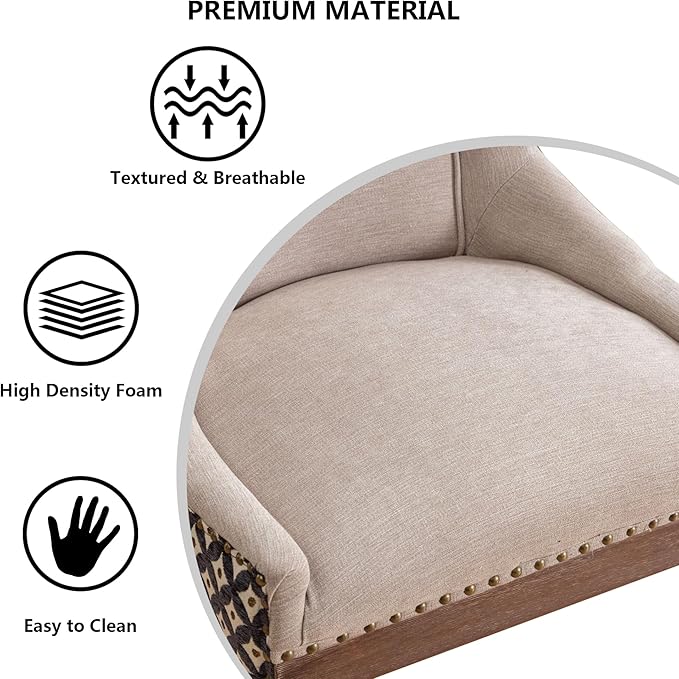 Farmhouse Dining Chairs Set of 2, Upholstered Fabric Dining Room Accent Chairs with Wood Legs & Bronze Nailhead, High Wingback Kitchen Chairs for Living Room Hotel Apartment, Beige Patterned