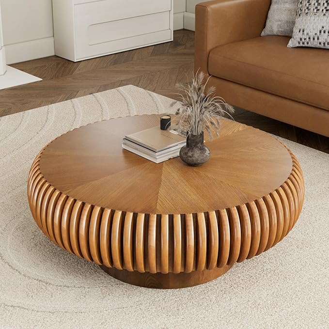 Round Drum Coffee Table for Living Room, Mid Century Modern Coffee Table with Sturdy Pedestal, Farmhouse Fluted Circle Center Table Accent Tea Table for Apartment (31.5" Brown)