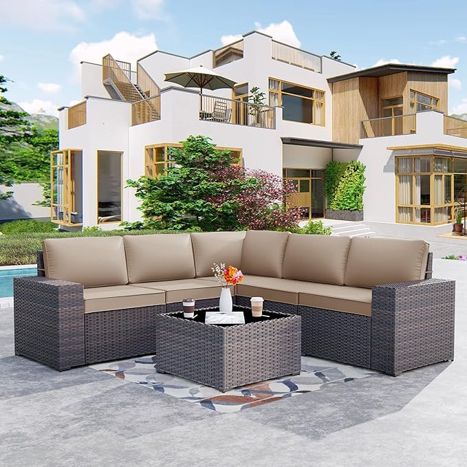 Kurapika 9 Pieces Patio Furniture Set, Rattan Sofa Set, Outdoor Conversation Sets w/Swivel Rocking Chairs Patio Sectional Sofa w/4 Inch Cushion, Sand