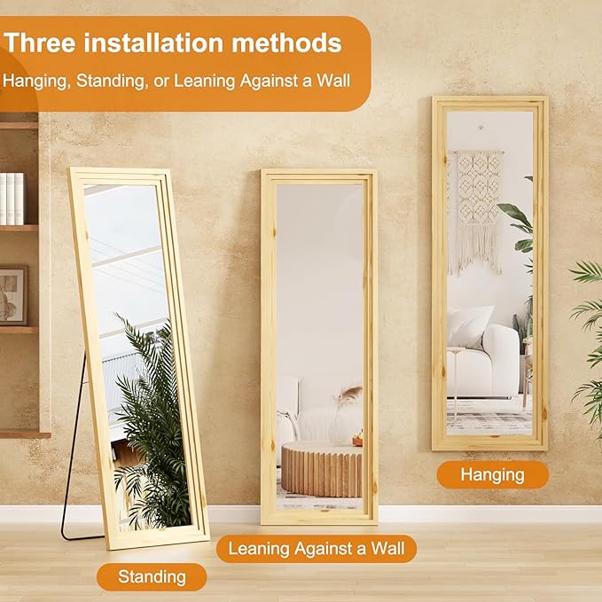 Full Length Mirror,65x22 Inch Full Length Mirror Wall Mounted,Vertical Hanging,Leaning Standing for Bedroom,Living Room,Rectangular Wooden Frame,Log Color.