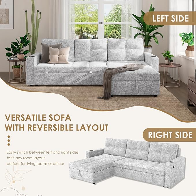 85" Sleeper Sectional Sofa Bed - L-Shaped Convertible Pull Out Couch with Reversible Storage Chaise, USB Ports & Side Pockets, Gray