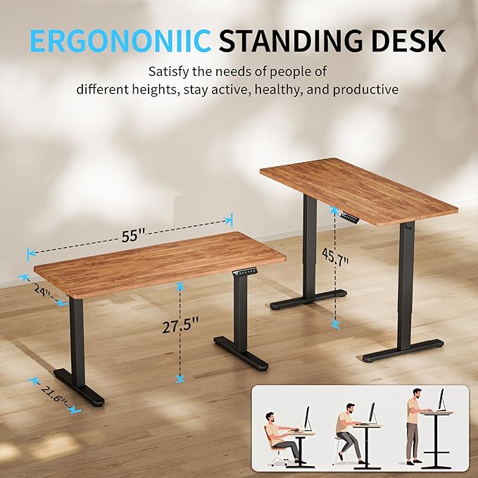 BIZUM Electric Standing Desk, 55x24 inches Height Adjustable Desk, Sit to Stand Desks Memory Gaming Computer Workstation for Home Office, Light Rustic Brown