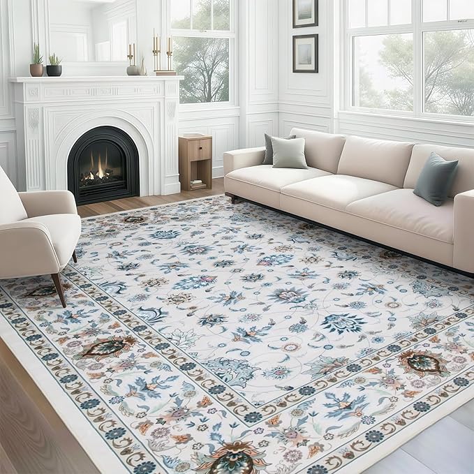 WILLSUN Washable Area Rugs, 8x10 Non-Slip Boho Large Area Rugs for Living Room, Bedroom, Machine Washable Vintage Rug, Indoor Floral Print Carpet for Home Decor, Kid & Pet Friendly Mat