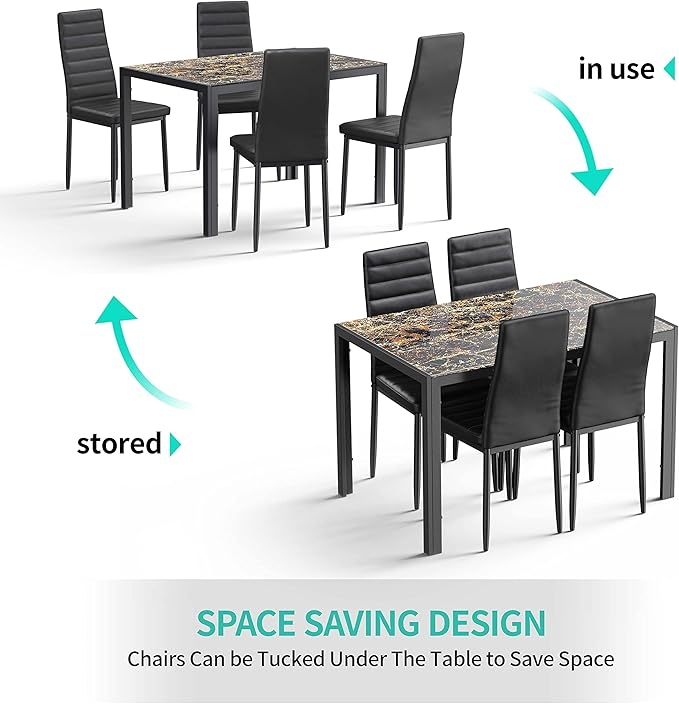 Gizoon 5 Piece Glass Dining Table Set, Kitchen and Chairs for 4, PU Leather Modern Room Sets for Home, Kitchen, Living Room